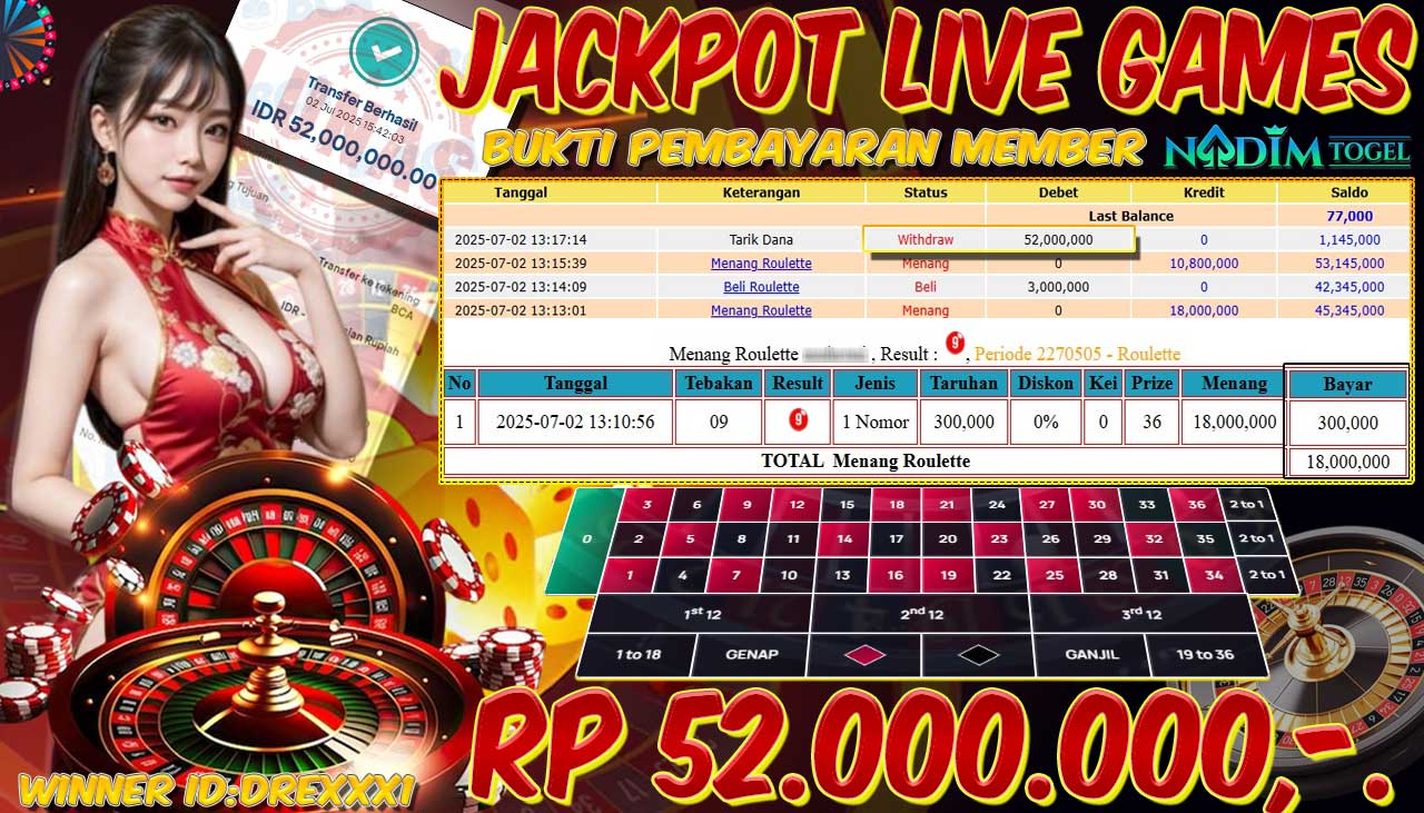 NADIMTOGEL JACKPOT LIVE GAMES ROULETTE Rp 52.000.000,- LUNAS