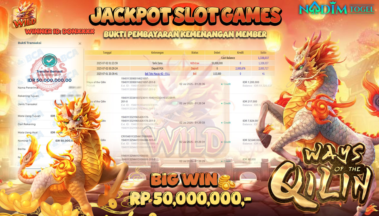 NADIMTOGEL JACKPOT SLOT WAYS OF THE QILIN Rp 50.000.000,- LUNAS