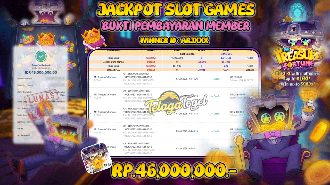 TELAGATOGEL JACKPOT SLOT MR TREASURE'S FORTUNE Rp 46.000,000,- LUNAS  