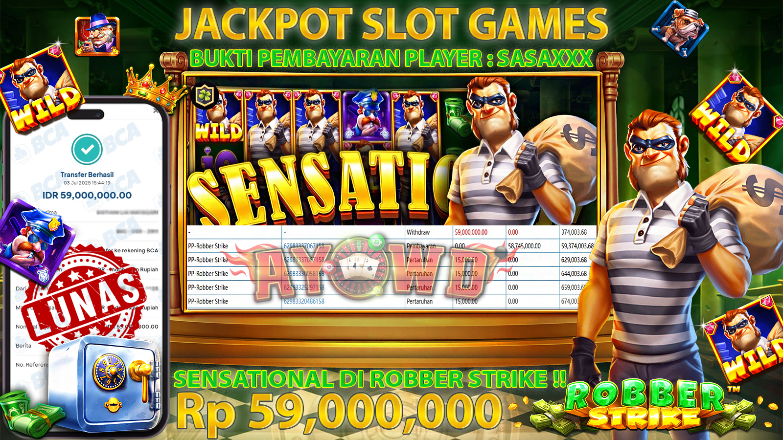 AYOWD JACKPOT SLOT GAMES PP-ROBBER STRIKE Rp 59,000,000,- LUNAS