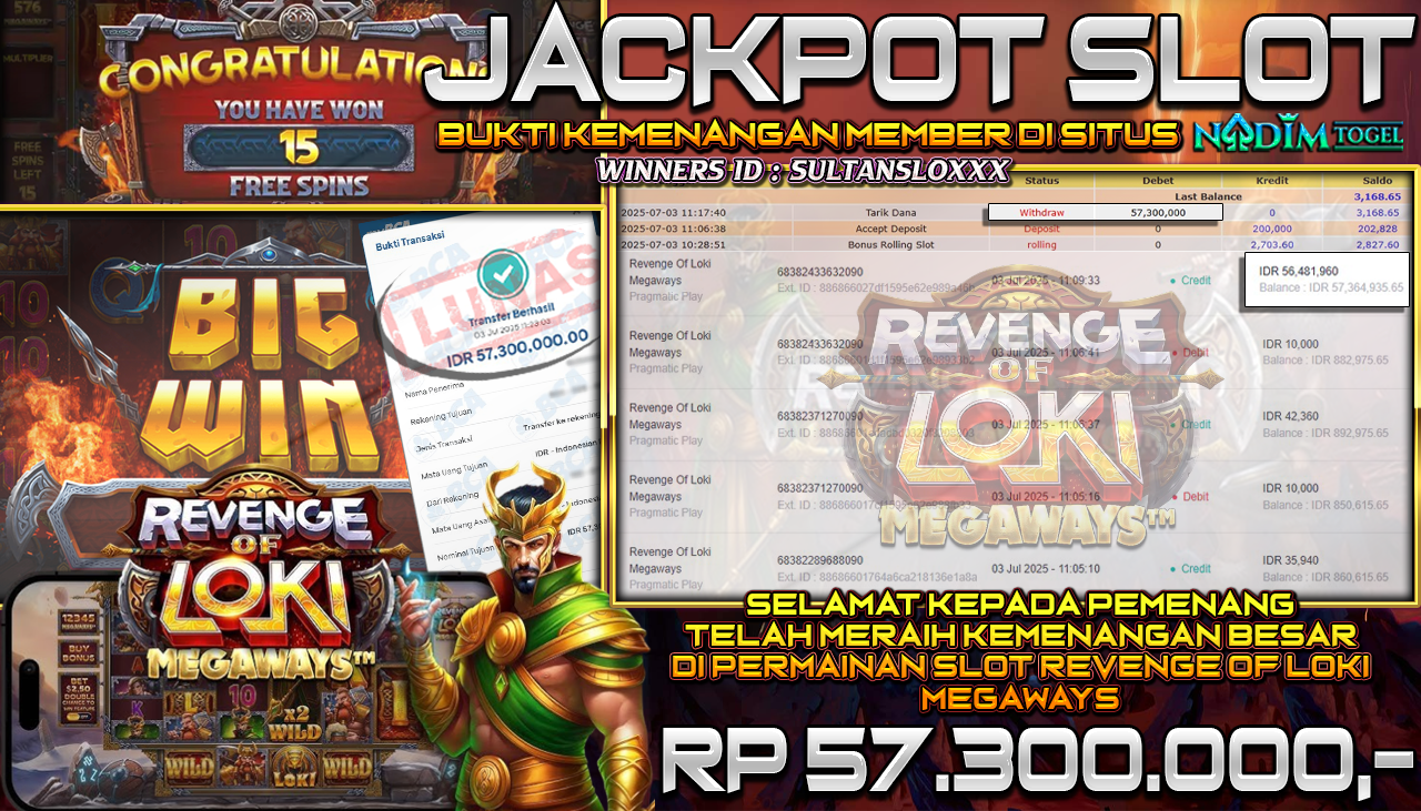 NADIMTOGEL JACKPOT SLOT REVENGE OF LOKI MEGAWAYS Rp 57.300.000,- LUNAS