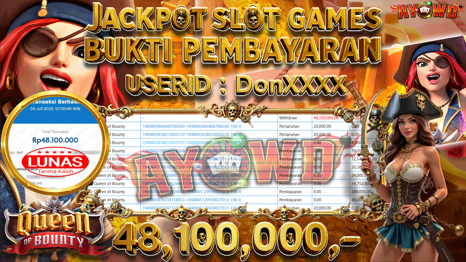 AYOWD JACKPOT SLOT GAMES PG-Queen of Bounty Rp 48,100,000,- LUNAS