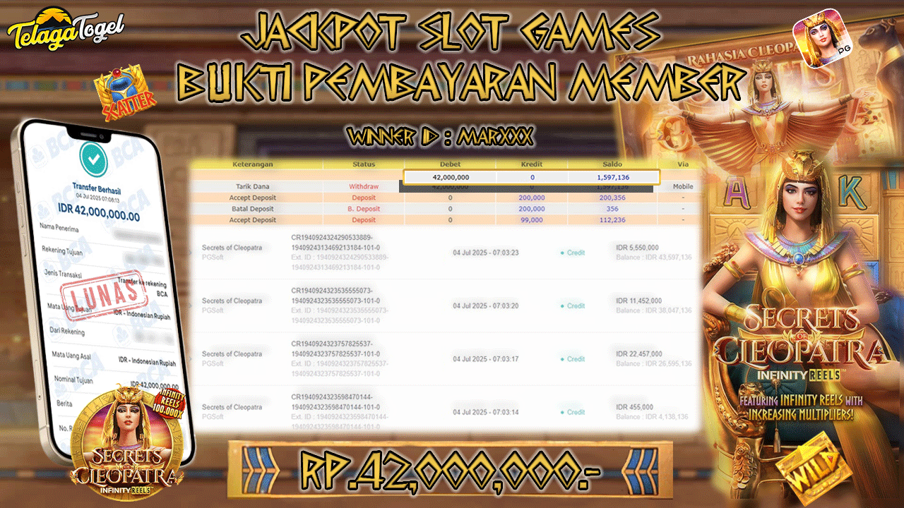 TELAGATOGEL JACKPOT SLOT SECRETS CLEOPATRA Rp 42.000,000,- LUNAS  
