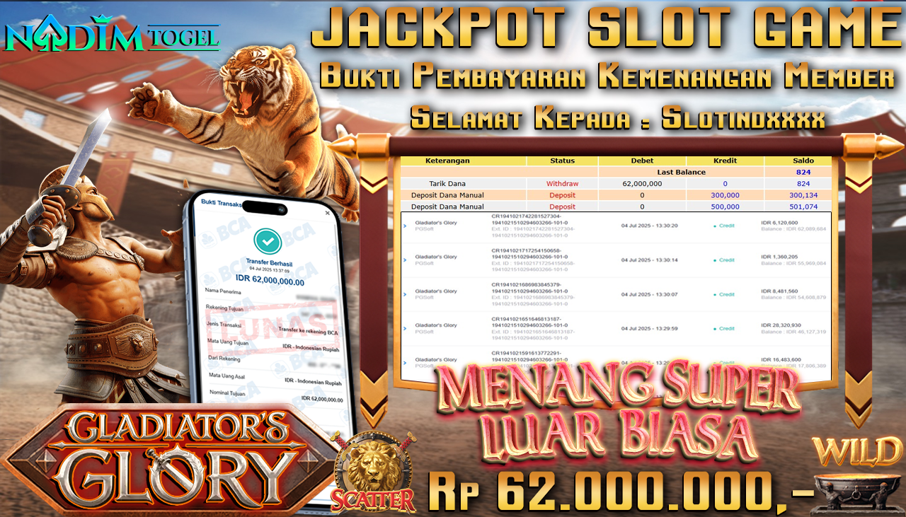 NADIMTOGEL JACKPOT SLOT GLADIATORS GLORY Rp 62.000.000,- LUNAS