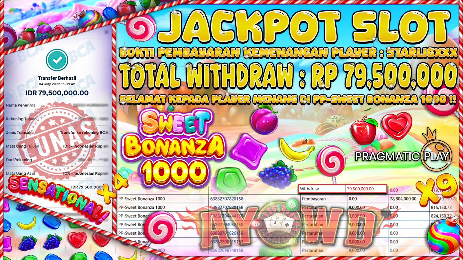 AYOWD JACKPOT SLOT GAMES PP-Sweet Bonanza 1000 Rp 79,500.000 LUNAS