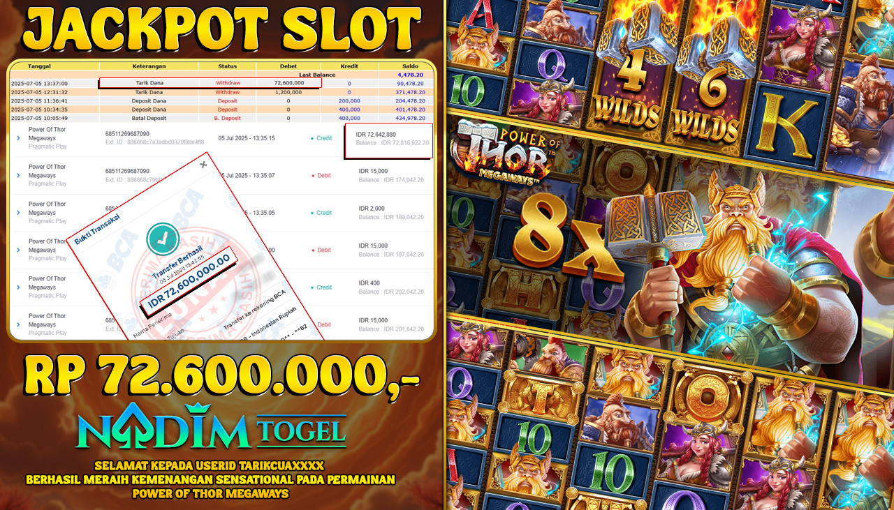 NADIMTOGEL JACKPOT SLOT POWER OF THOR MEGAWAYS Rp 72.600.000,- LUNAS