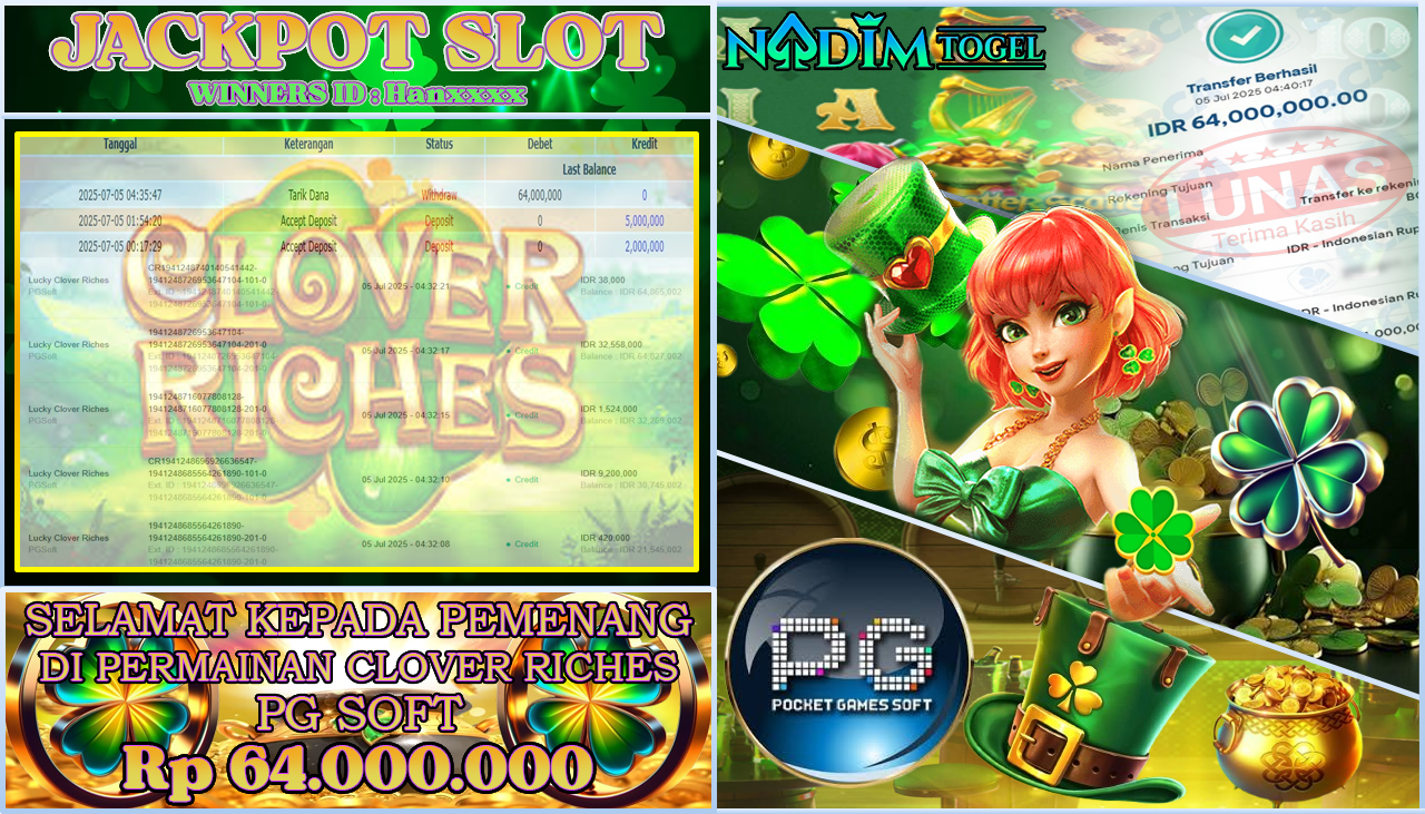 NADIMTOGEL JACKPOT SLOT CLOVER RICHES Rp 64.000.000,- LUNAS