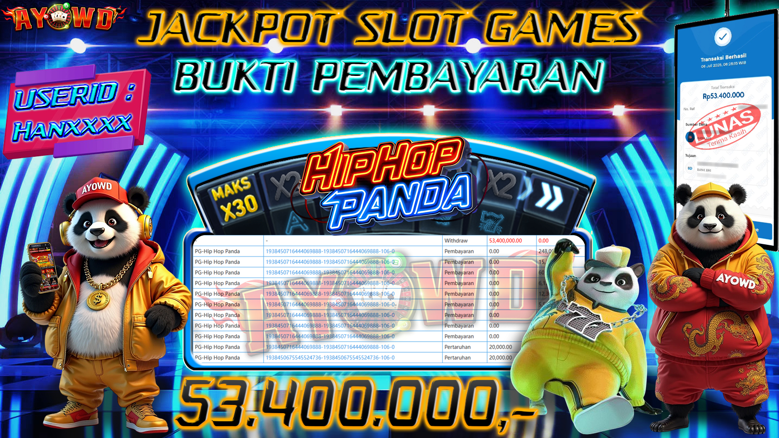 AYOWD JACKPOT SLOT GAMES PG-Hip Hop Panda Rp 53,400,000,- LUNAS