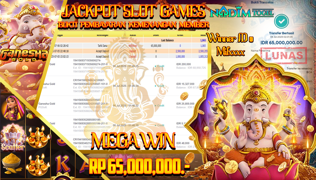 NADIMTOGEL JACKPOT SLOT GANESHA GOLD Rp 65.000.000,- LUNAS