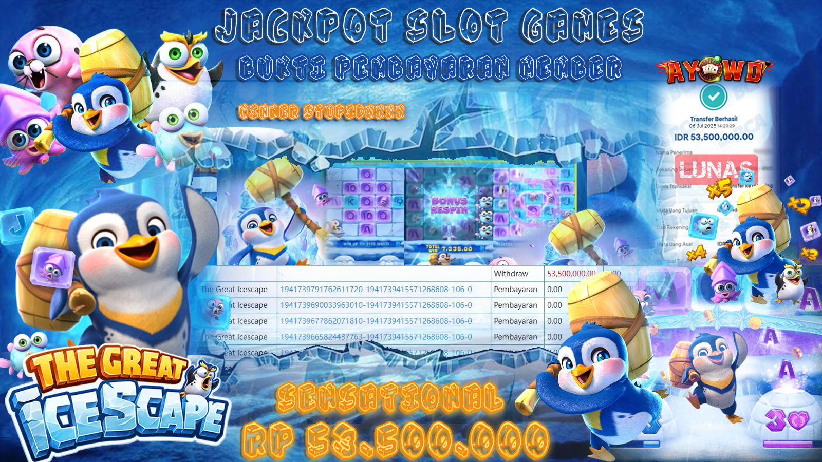 AYOWD JACKPOT SLOT GAMES PG-THE GREAT ICESCAPE Rp 53,500,000,- LUNAS