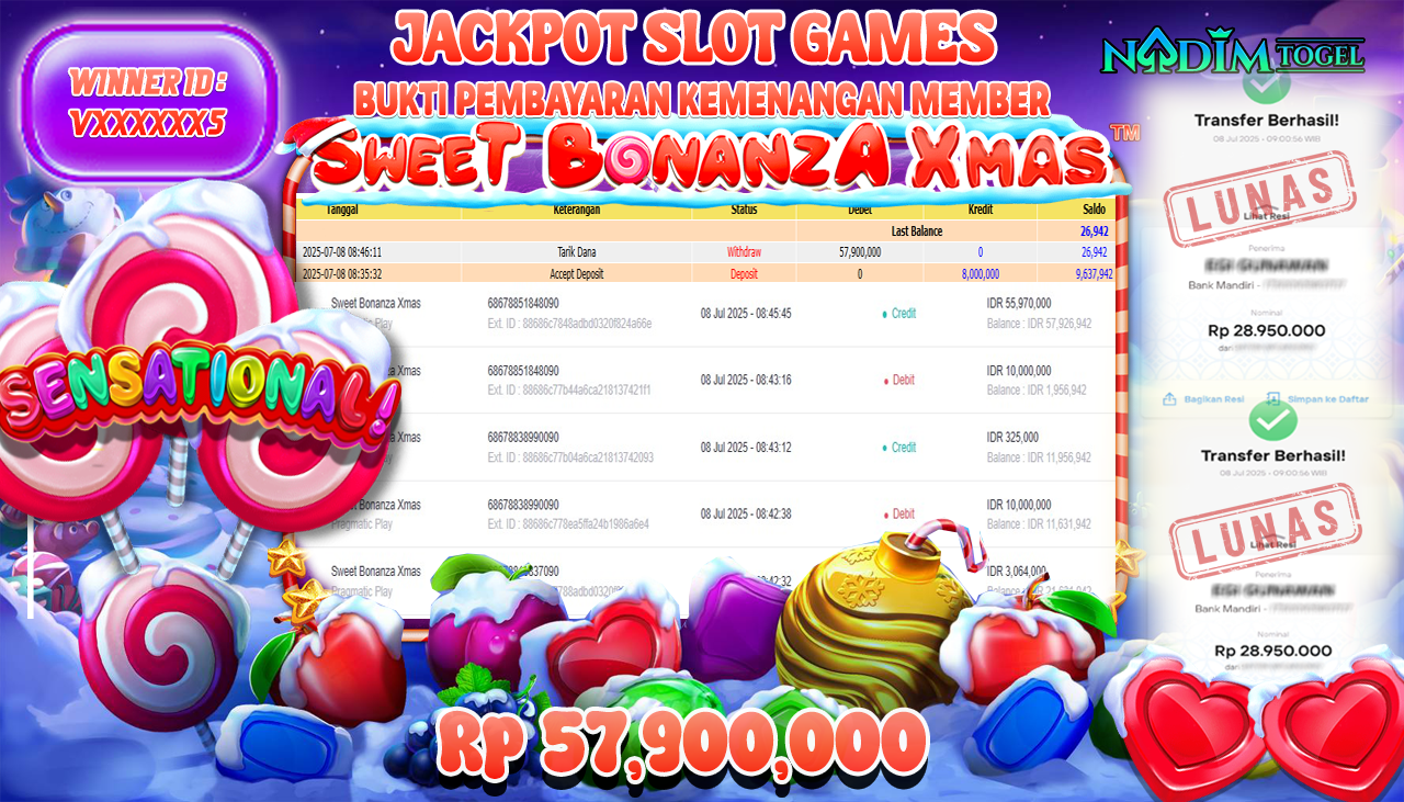 NADIMTOGEL JACKPOT SLOT SWEET BONANZA XMAS  Rp 57.900.000,- LUNAS