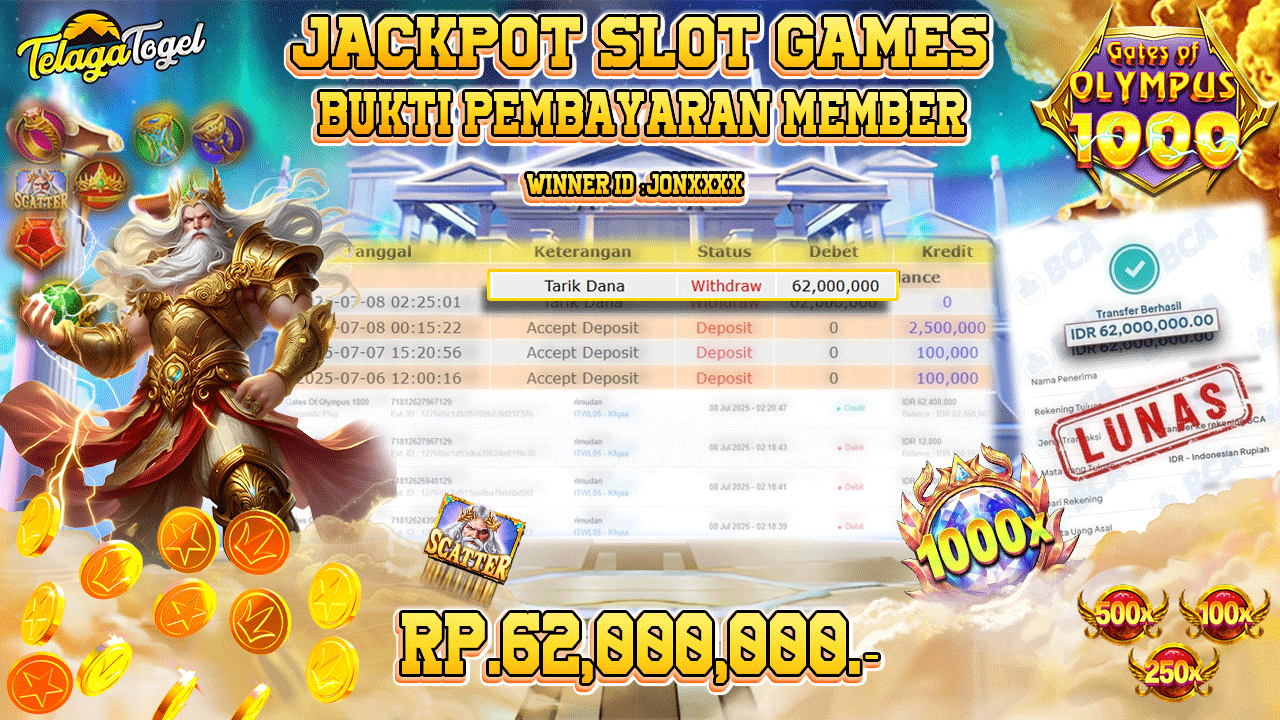 TELAGATOGEL JACKPOT SLOT GATES OF OLYMPUS 1000 Rp 62.000,000,- LUNAS  