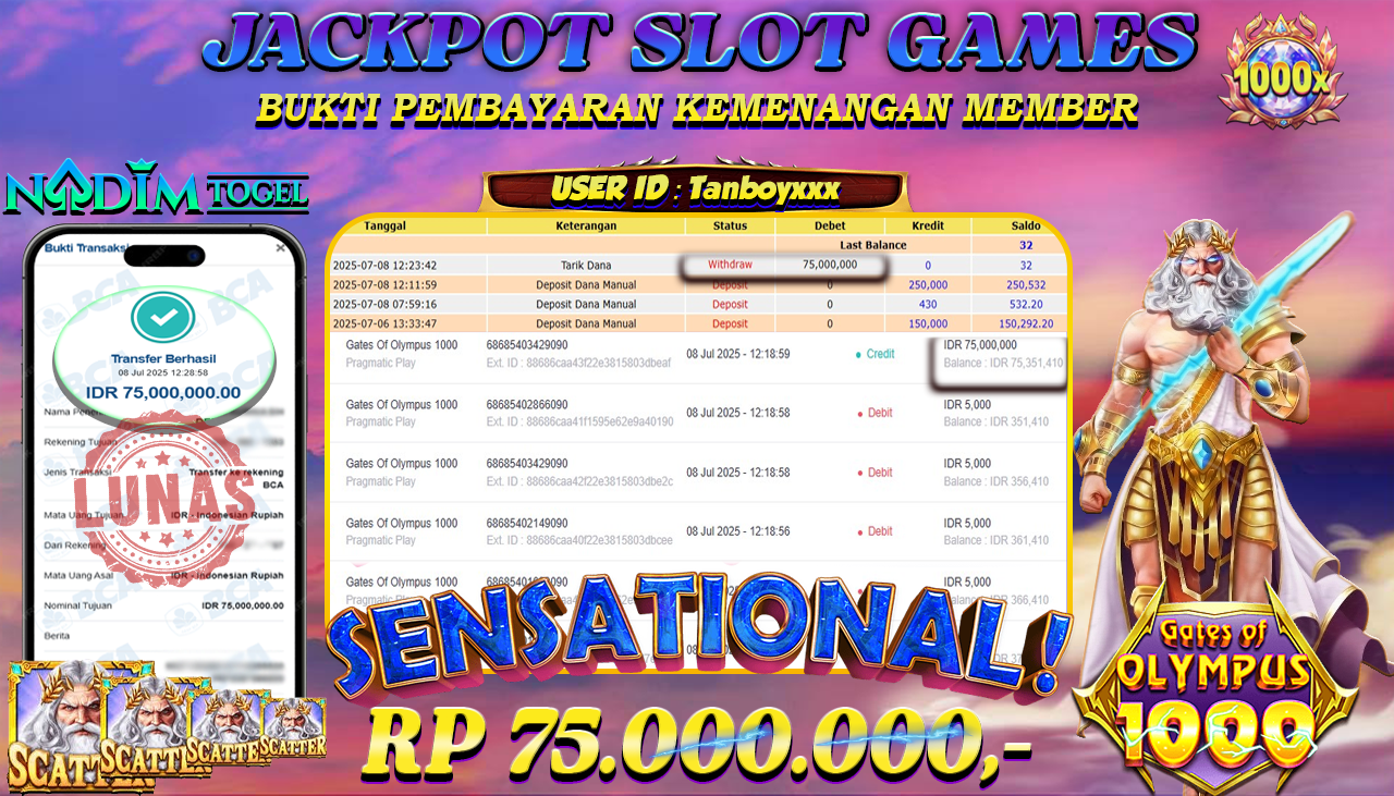 NADIMTOGEL JACKPOT SLOT GATES OF OLYMPUS 1000  Rp 75.000.000,- LUNAS