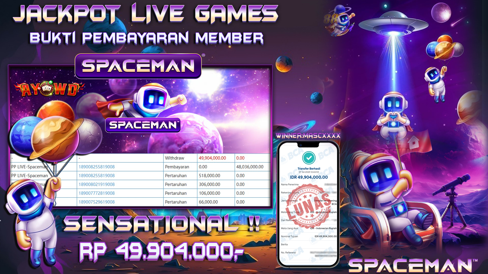 AYOWD JACKPOT LIVE GAMES PP-SPACEMAN Rp 49,904,000,- LUNAS