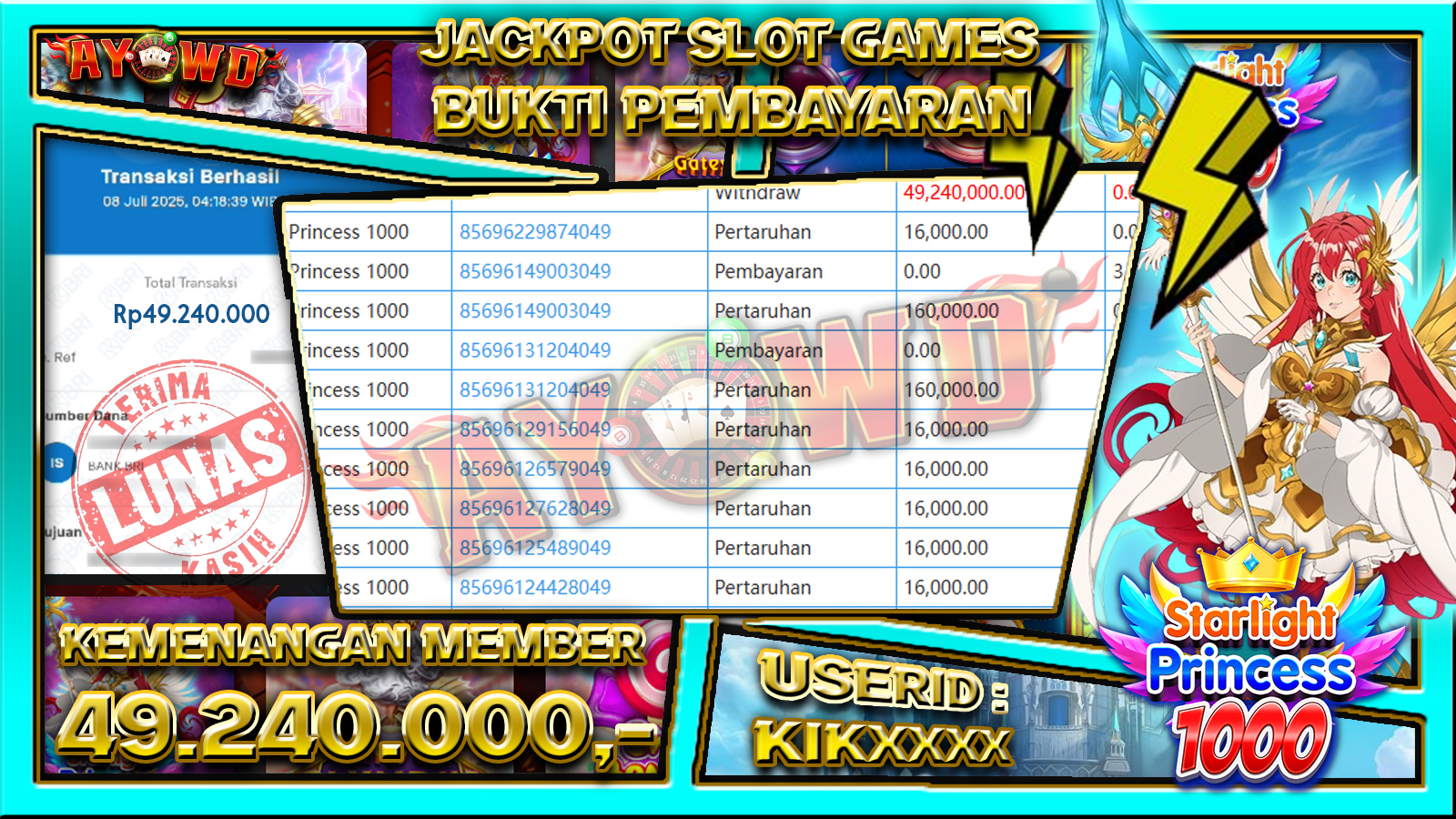 AYOWD JACKPOT SLOT GAMES PP-Starlight Princess 1000 Rp 49,240,000,- LUNAS