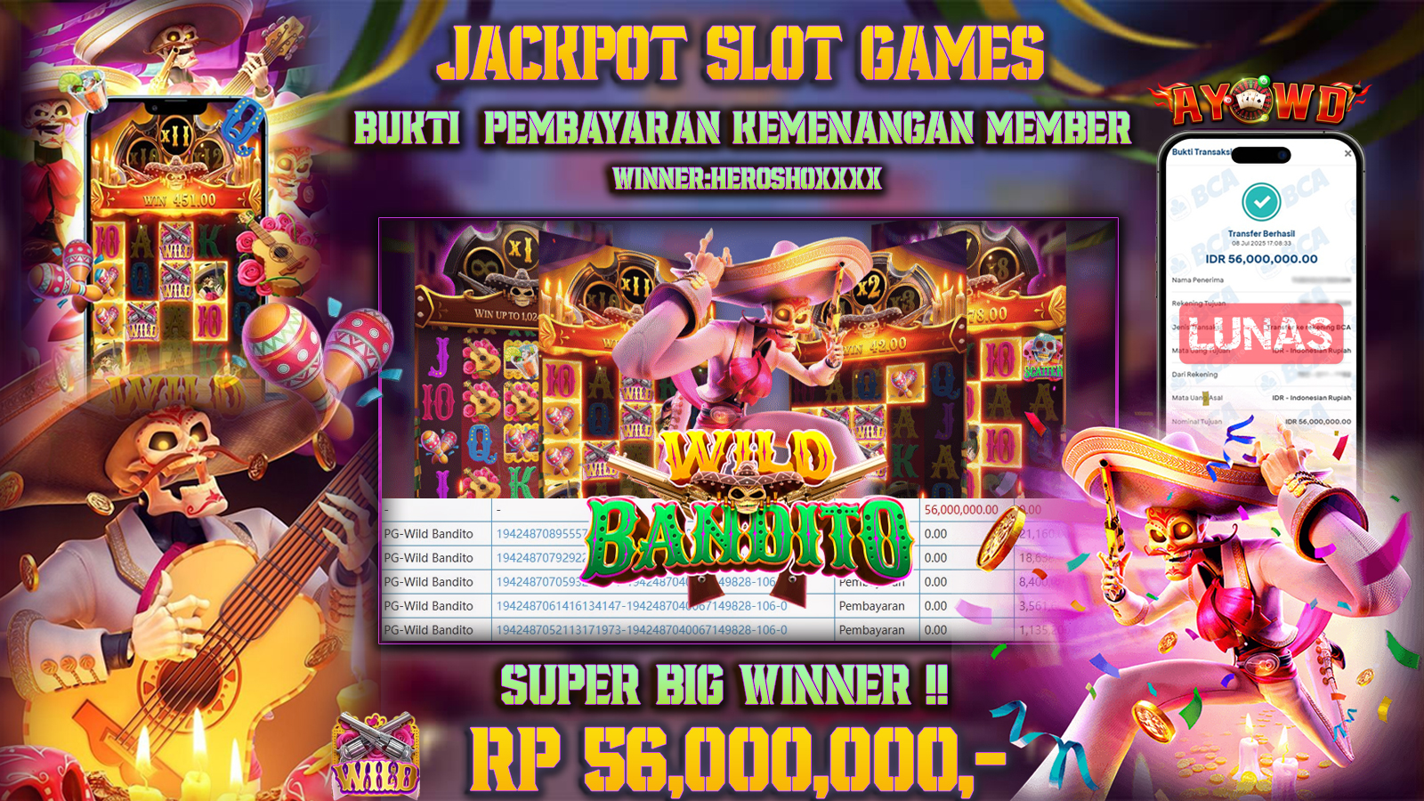 AYOWD JACKPOT SLOT GAMES PG-WILD BANDITO Rp 56,000,000,- LUNAS