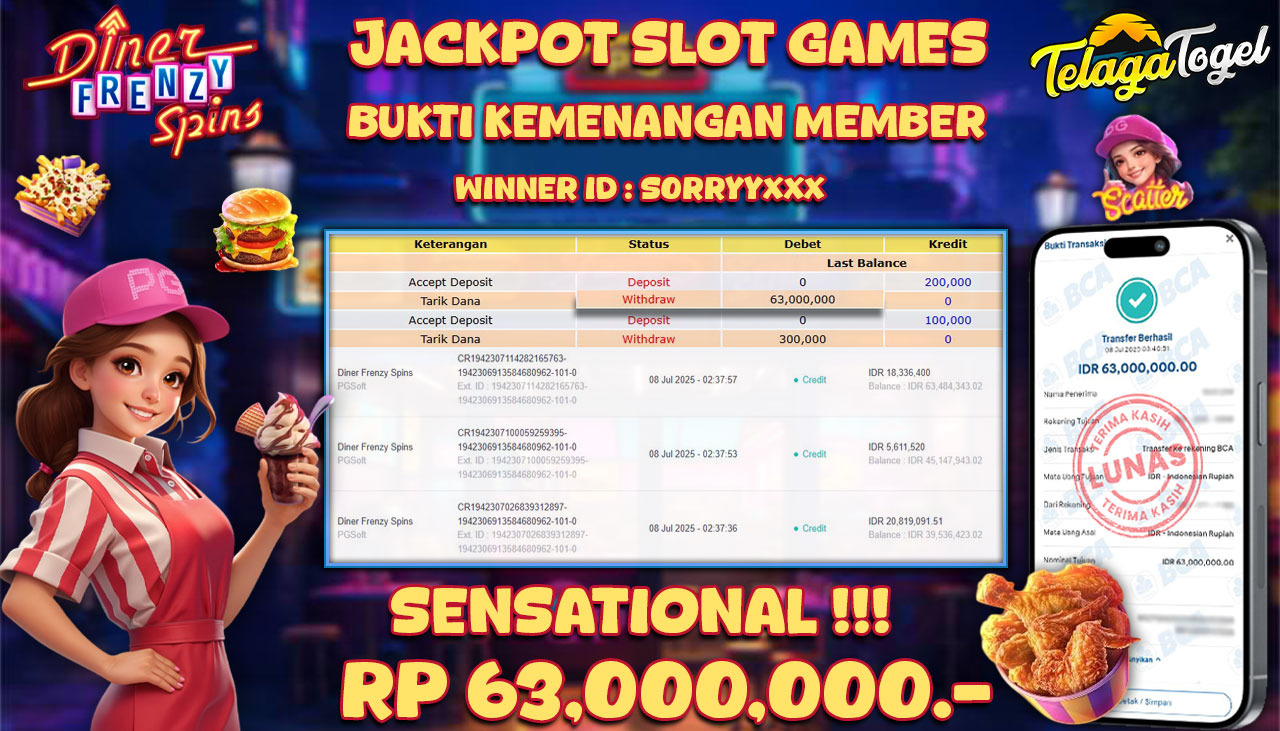 TELAGATOGEL JACKPOT SLOT DINER FRENZY SPINS Rp 63.000,000,- LUNAS  
