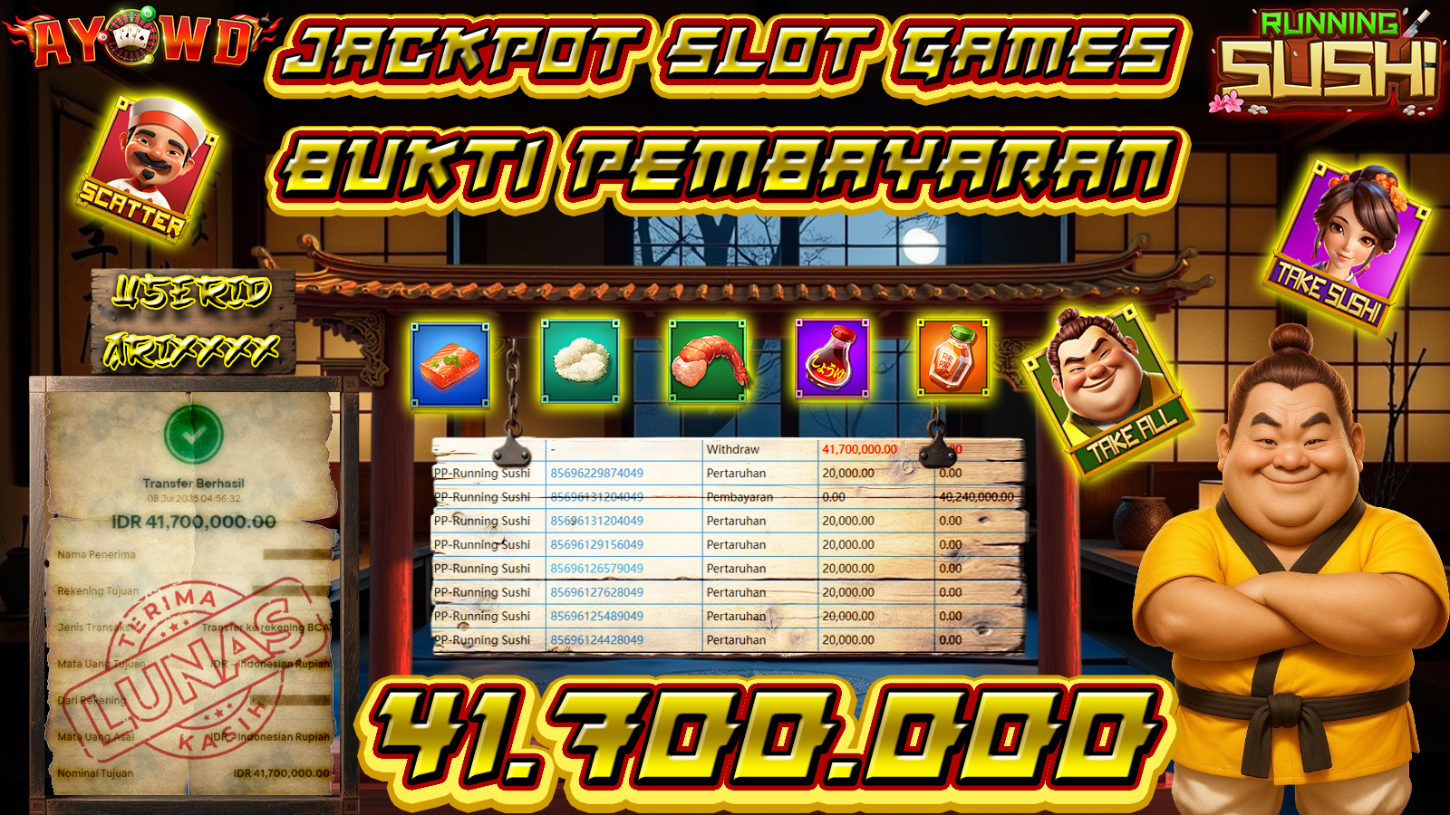 AYOWD JACKPOT SLOT GAMES PP-Running Sushi Rp 41,700,000,- LUNAS