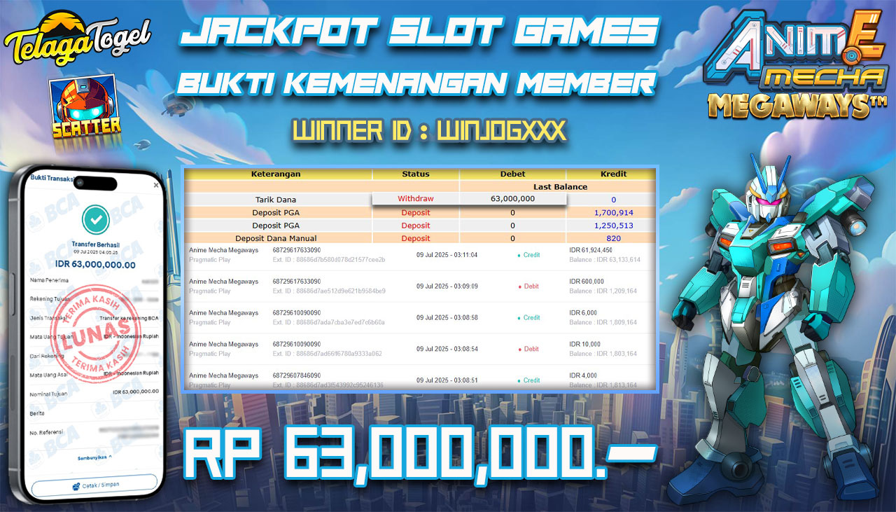 TELAGATOGEL JACKPOT SLOT ANIME MECHA MEGAWAYS Rp 63.000,000,- LUNAS  