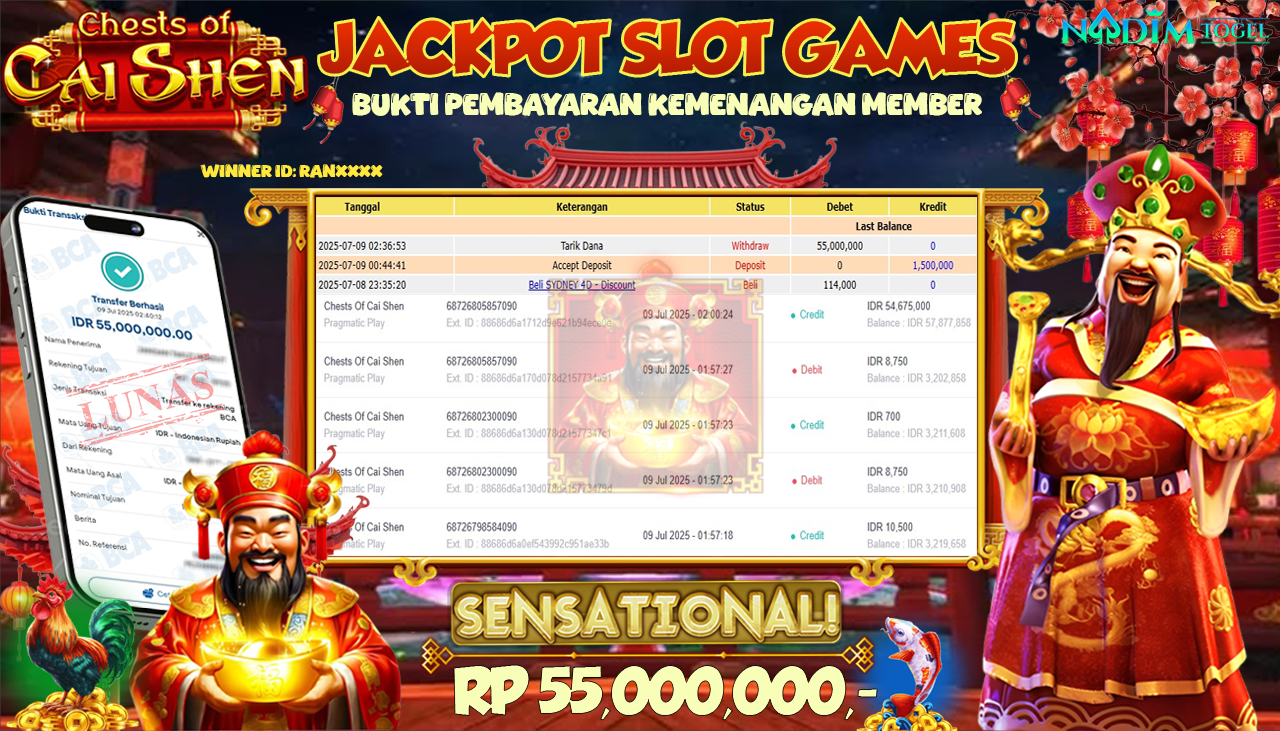 NADIMTOGEL JACKPOT SLOT CHESTS OF CAI SHEN  Rp 55.000.000,- LUNAS