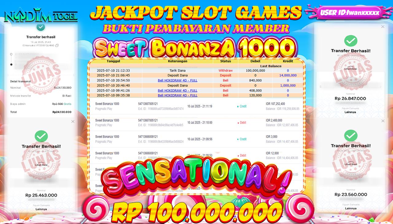 NADIMTOGEL JACKPOT SLOT SWEET BONANZA 1000  Rp 100.000.000,- LUNAS
