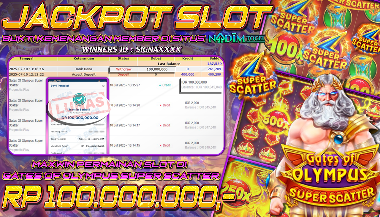 NADIMTOGEL JACKPOT SLOT GATES OF OLYMPUS SUPER SCATTER  Rp 100.000.000,- LUNAS