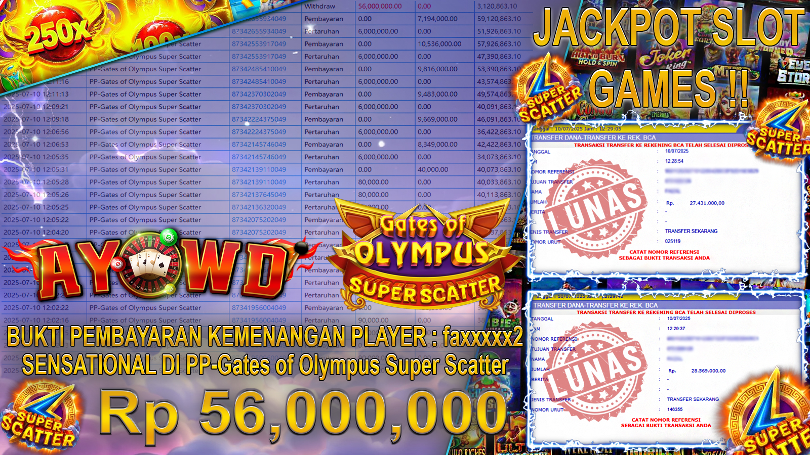 AYOWD JACKPOT SLOT GAMES PP-Gates of Olympus Super Scatter Rp 56,000,000- LUNAS