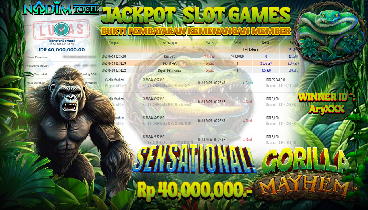 NADIMTOGEL JACKPOT SLOT GORILLA MAYHEM Rp 40.000.000,- LUNAS