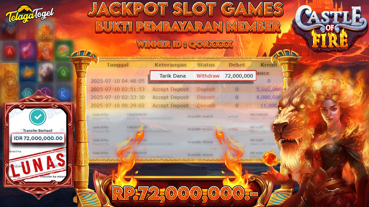 TELAGATOGEL JACKPOT SLOT CASTLE OF FIRE Rp 72.000,000,- LUNAS  