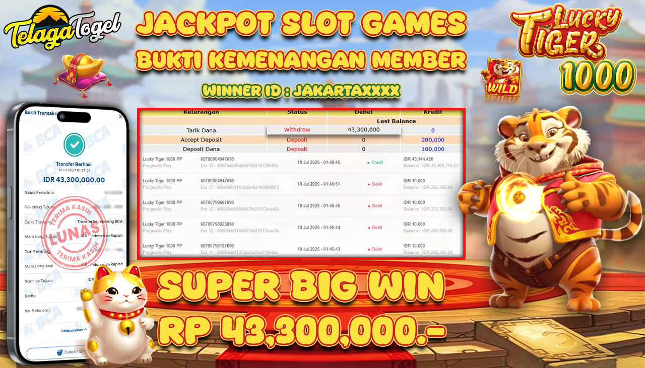 TELAGATOGEL JACKPOT SLOT LUCKY TIGER 1000 PP Rp 43.300,000,- LUNAS  