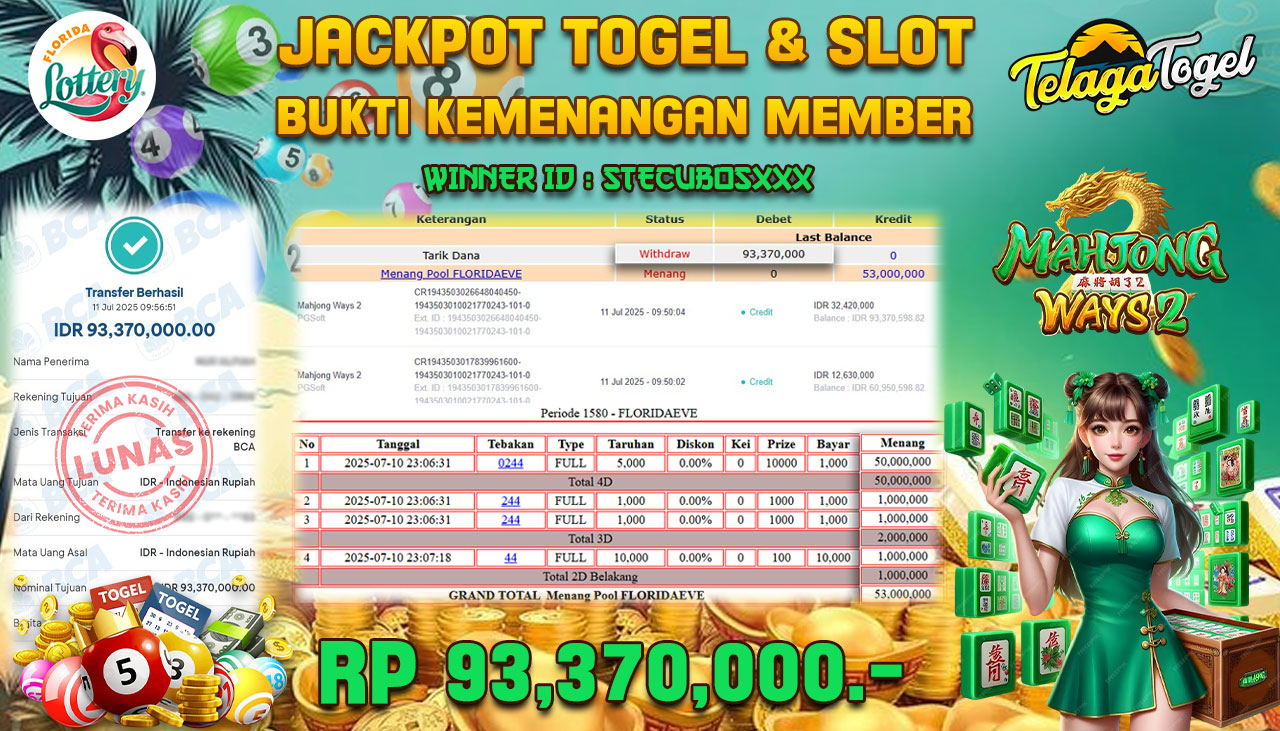 TELAGATOGEL JACKPOT TOGEL FLORIDAEVE & SLOT MAHJONG WAYS 2 Rp 93.370.000,- LUNAS  