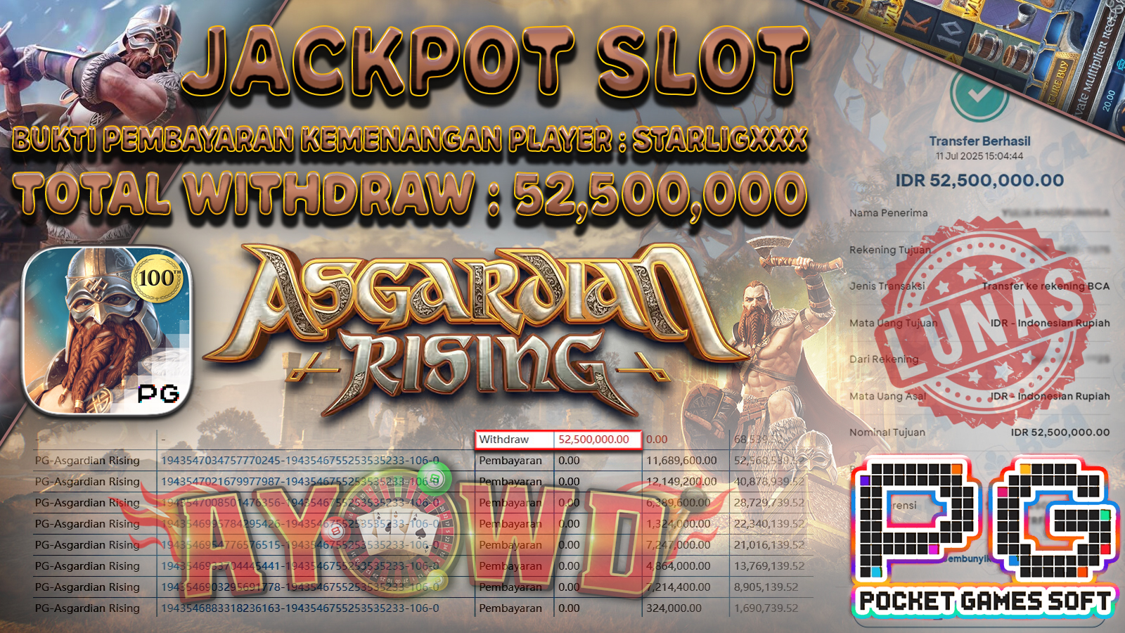 AYOWD JACKPOT SLOT GAMES PG-Asgardian Rising Rp 52,500,000- LUNAS