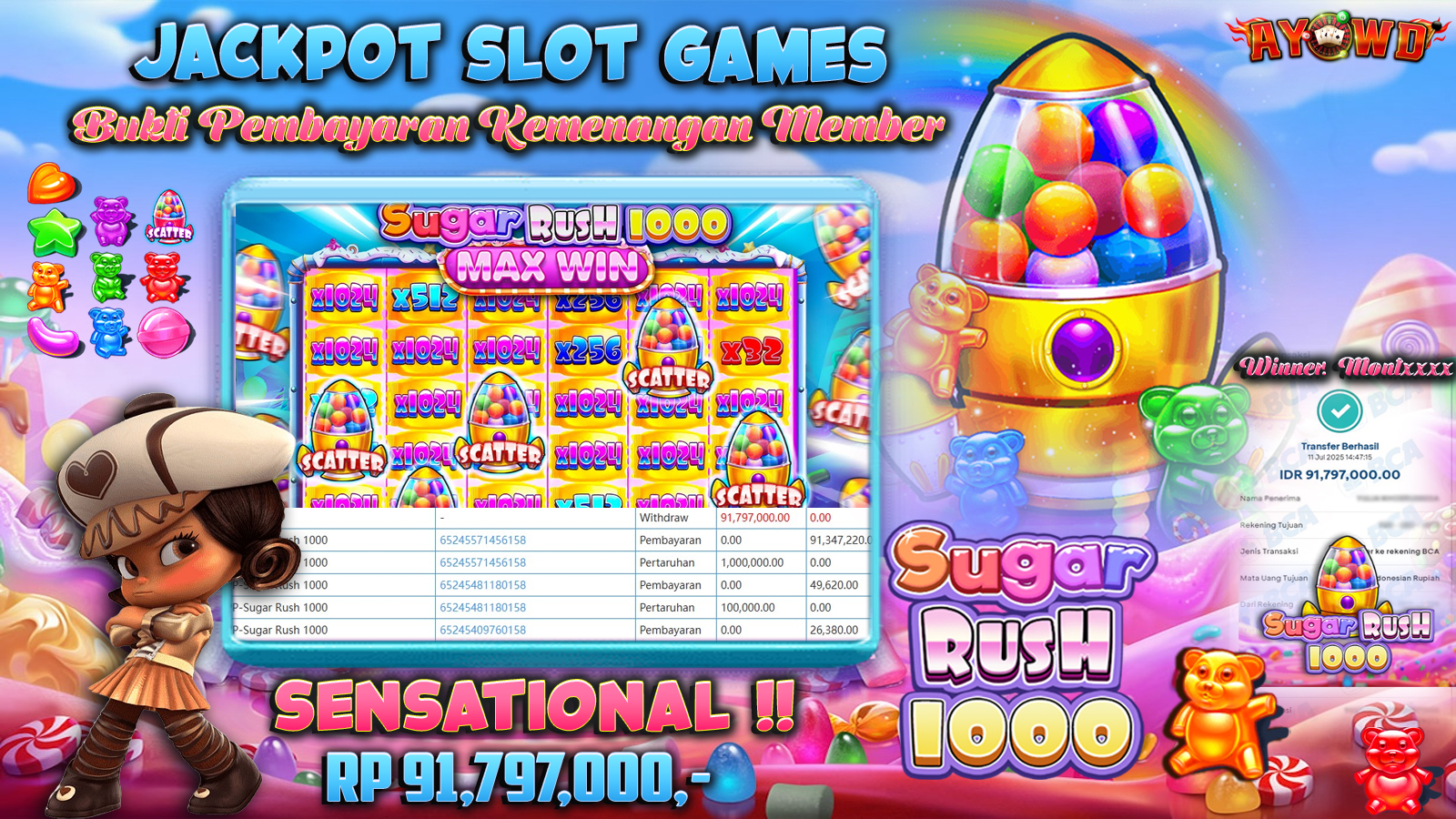 AYOWD JACKPOT SLOT GAMES PP-SUGAR RUSH 1000 Rp 91,797,000- LUNAS
