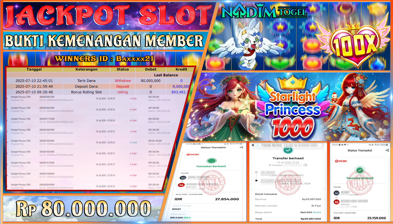 NADIMTOGEL JACKPOT SLOT STARLIGHT PRINCESS 1000 Rp 80.000.000,- LUNAS
