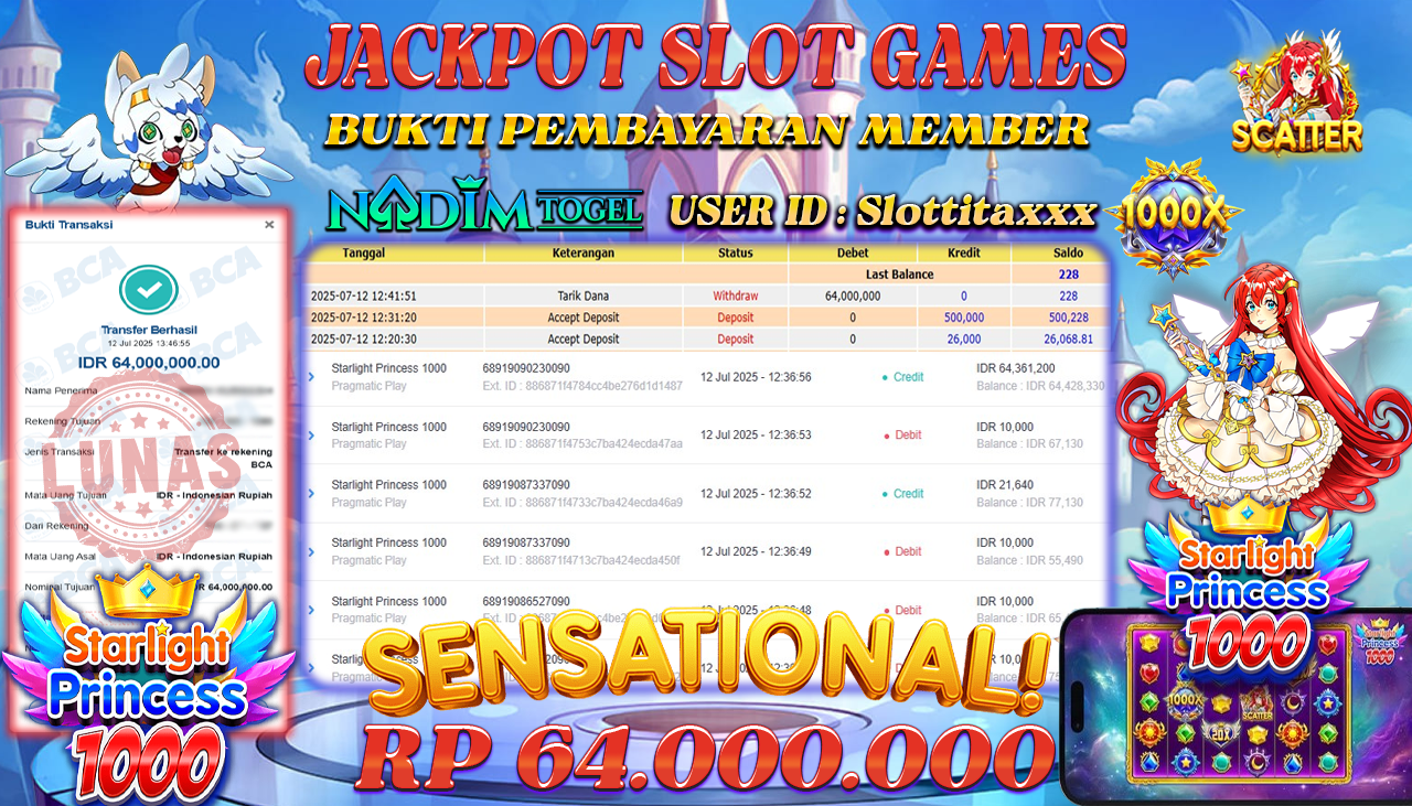 NADIMTOGEL JACKPOT SLOT STARLIGHT PRINCESS 1000 Rp 64,000,000,- LUNAS