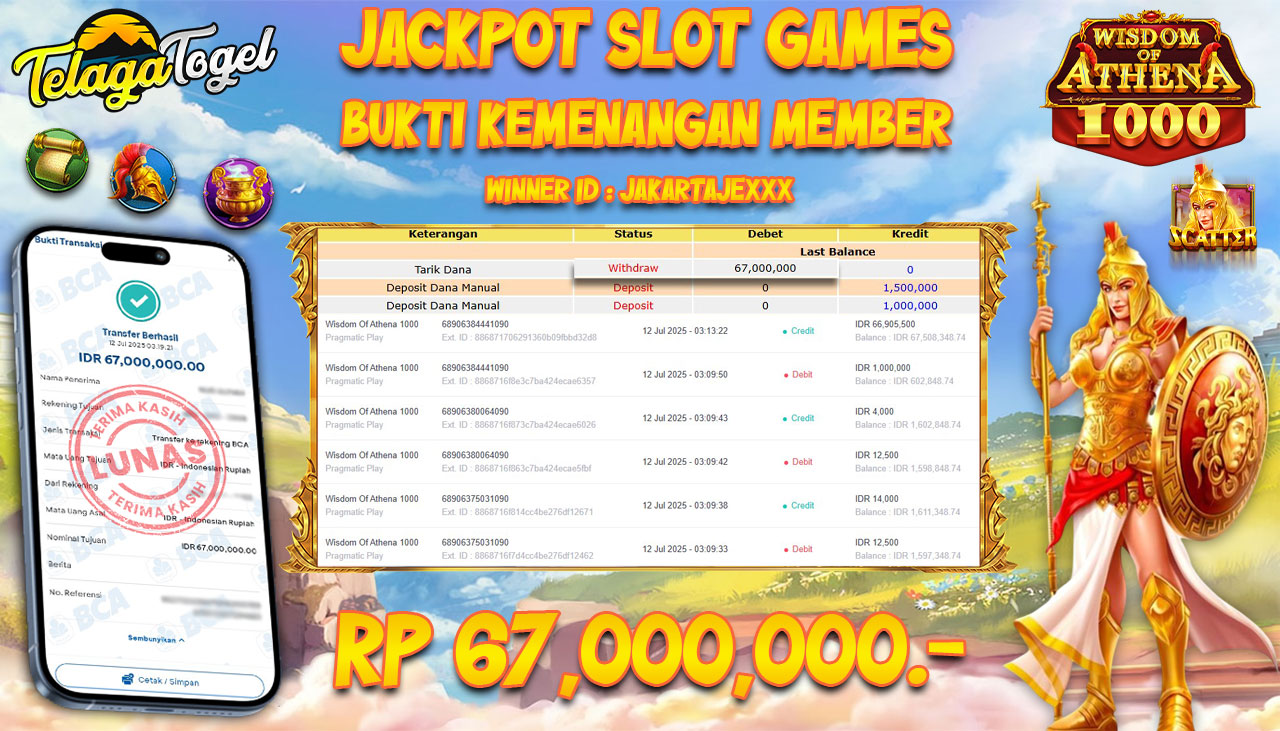 TELAGATOGEL JACKPOT SLOT WISDOM OF ATHENA 1000 Rp 67.000.000,- LUNAS  