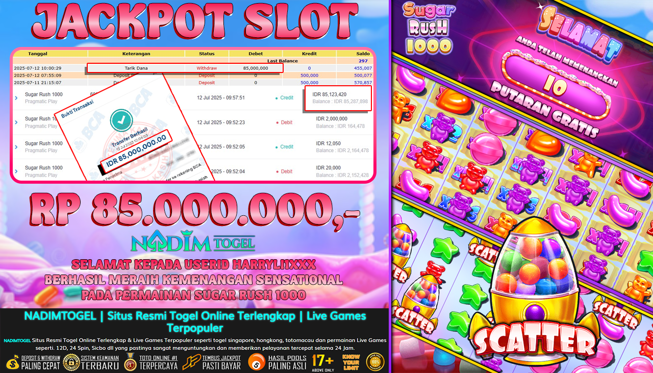 NADIMTOGEL JACKPOT SLOT SUGAR RUSH 1000 Rp 85,000,000,- LUNAS