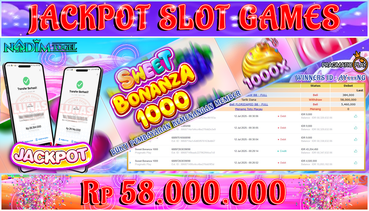 NADIMTOGEL JACKPOT SLOT SWEET BONANZA 1000 Rp 58,000,000,- LUNAS