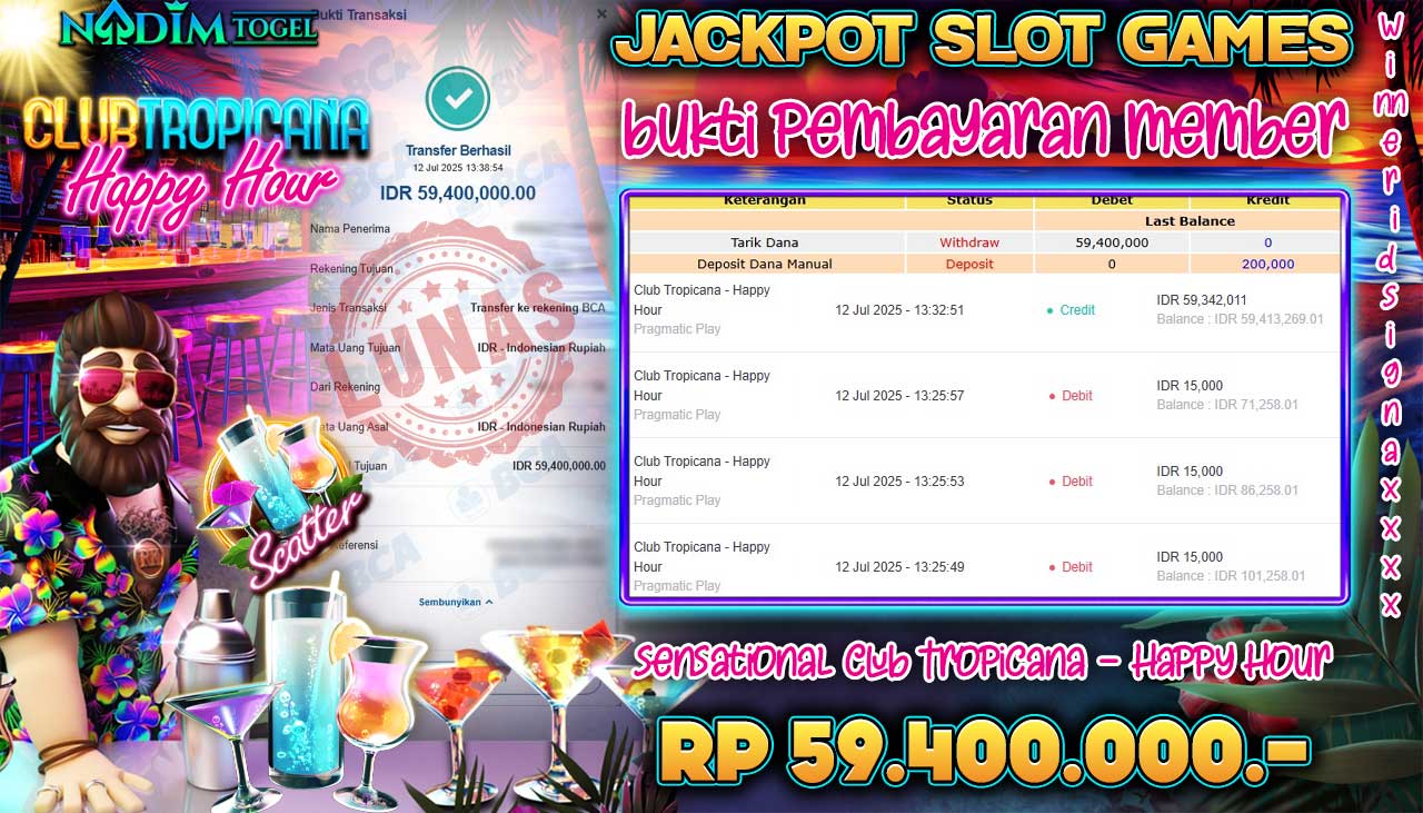 NADIMTOGEL JACKPOT SLOT CLUB TROPICANA - HAPPY HOUR - PRAGMATIC PLAY Rp 59,400,000,- LUNAS