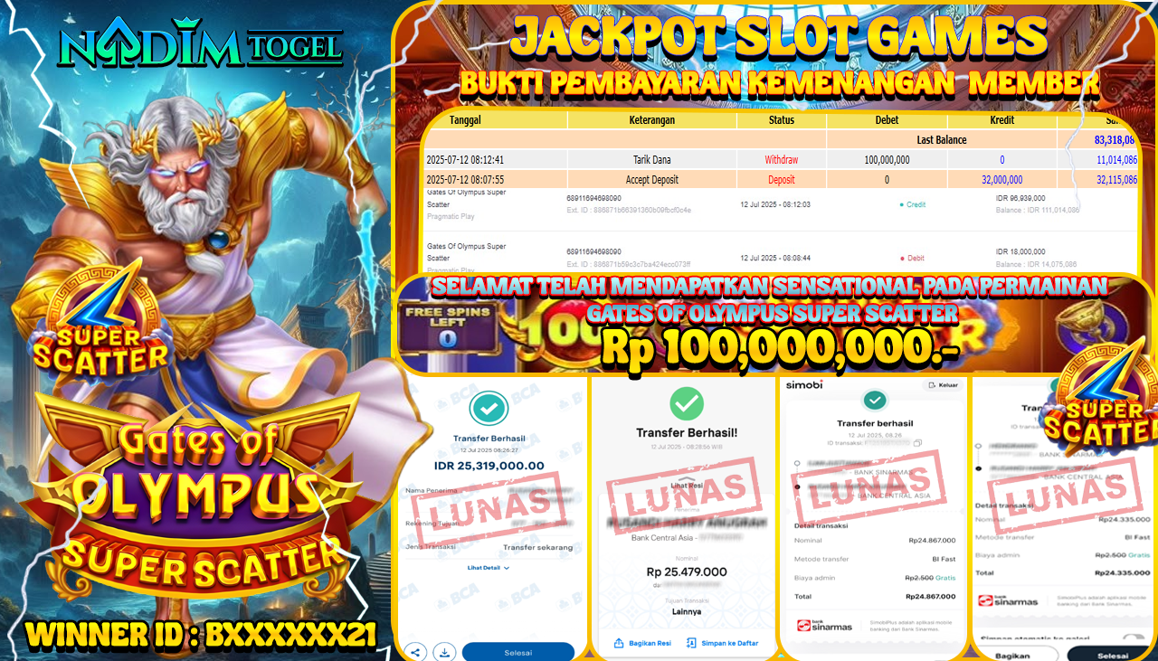 NADIMTOGEL JACKPOT SLOT GATES OE OLYMPUS SUPER SCATTER  Rp 100,000,000,- LUNAS