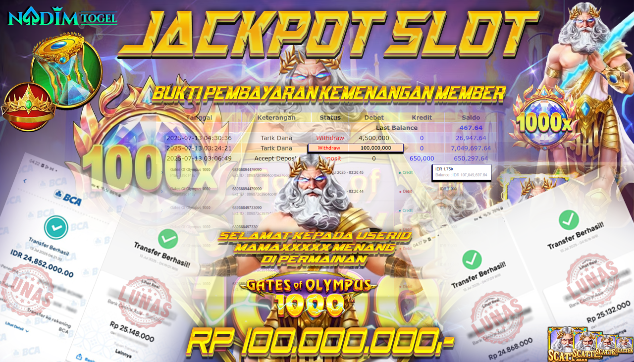 NADIMTOGEL JACKPOT SLOT GATES OF OLYMPUS 1000 Rp 100,000,000,- LUNAS
