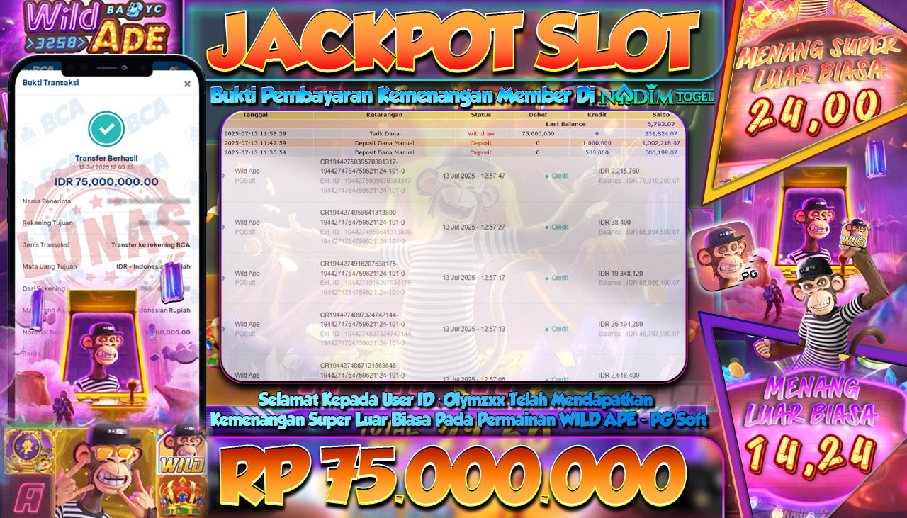 NADIMTOGEL JACKPOT SLOT WILD APE Rp 75.000.000,- LUNAS