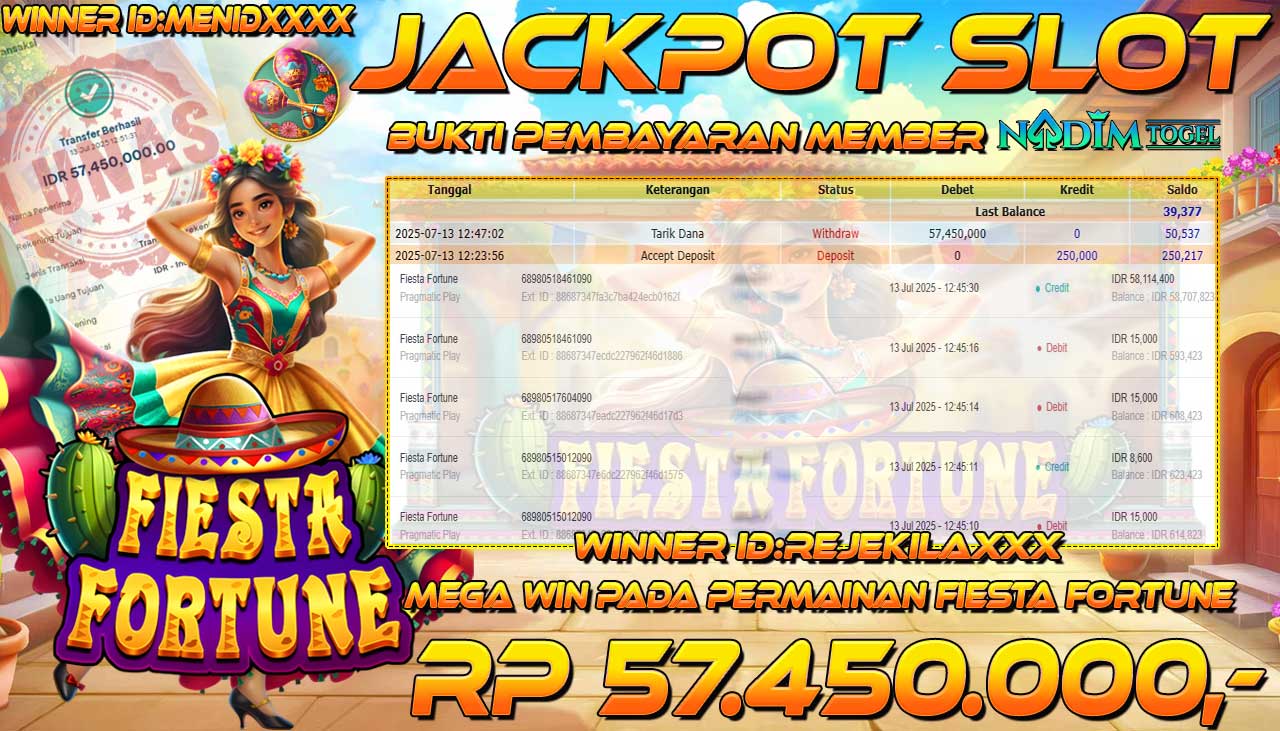 NADIMTOGEL JACKPOT SLOT FIESTA FORTUNE Rp 57,450,000,- LUNAS