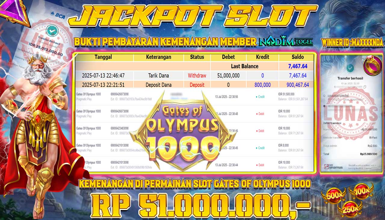 NADIMTOGEL JACKPOT SLOT GATES OF OLYMPUS 1000 - PRAGMATIC PLAY Rp 51.000.000,- LUNAS