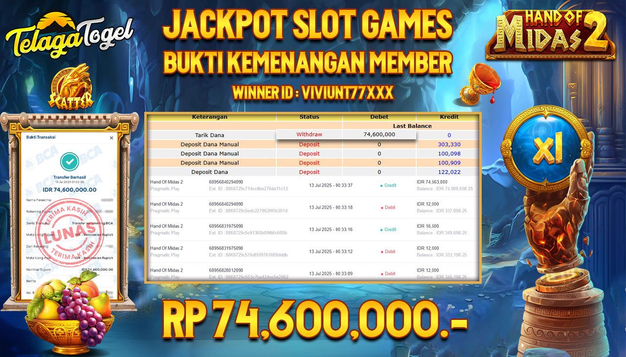 TELAGATOGEL JACKPOT SLOT HAND OF MIDAS 2 Rp 74.600.000,- LUNAS  