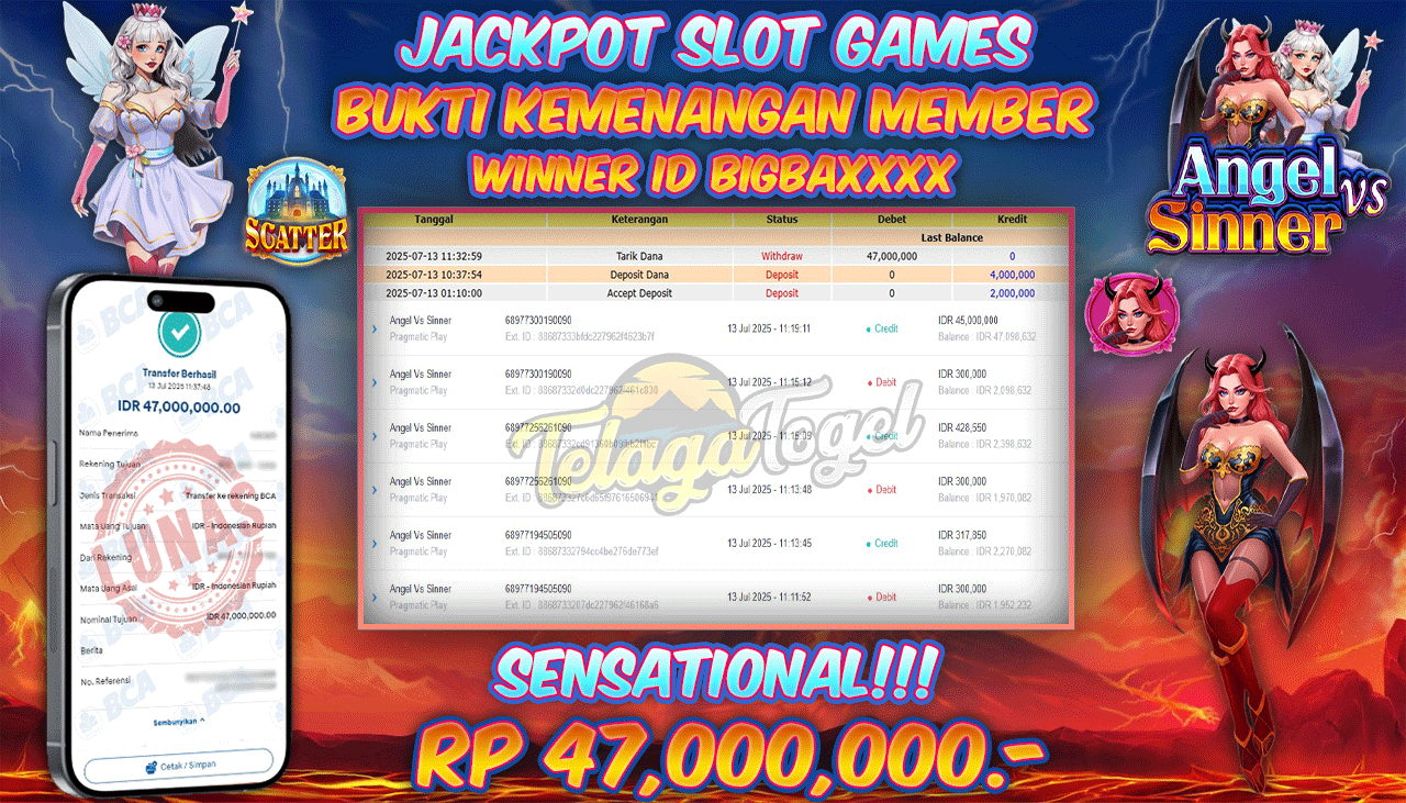 TELAGATOGEL JACKPOT SLOT ANGEL VS SINNER Rp 47.000.000,- LUNAS  