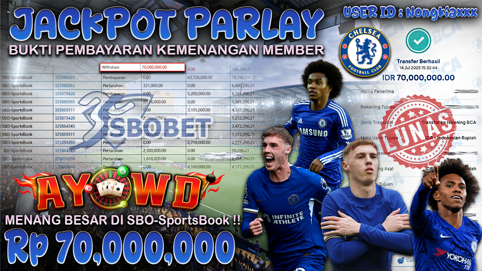 AYOWD JACKPOT PARLAY Rp 70,000,000- LUNAS