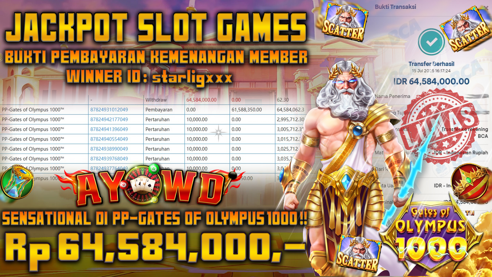 AYOWD JACKPOT SLOT GAME GATES OF OLYMPUS 1000 64,584,000 LUNAS