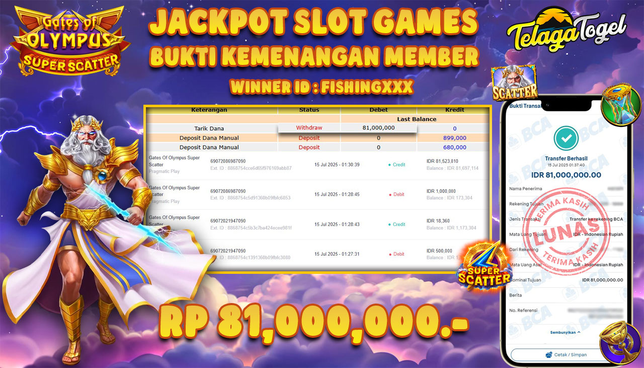 TELAGATOGEL JACKPOT SLOT GATES OF OLYMPUS SUPER SCATTER Rp 81.000.000,- LUNAS  