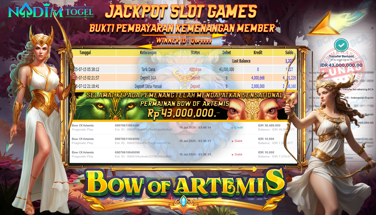 NADIMTOGEL JACKPOT SLOT BOW OF ARTEMIS Rp.43.000.000,- LUNAS
